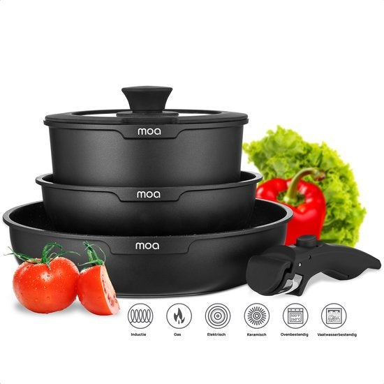 MOA Set de poêles - 5 pièces - Toutes sources de chaleur - Sans PFAS - Revêtement antiadhésif - Set de poêles à induction - Aluminium - Poignée amovible - Noir - PS501B