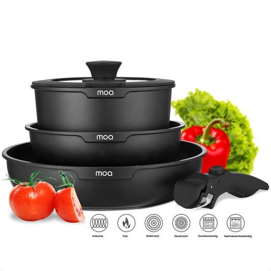 MOA Set de poêles - 5 pièces - Toutes sources de chaleur - Sans PFAS - Revêtement antiadhésif - Set de poêles à induction - Aluminium - Poignée amovible - Noir - PS501B