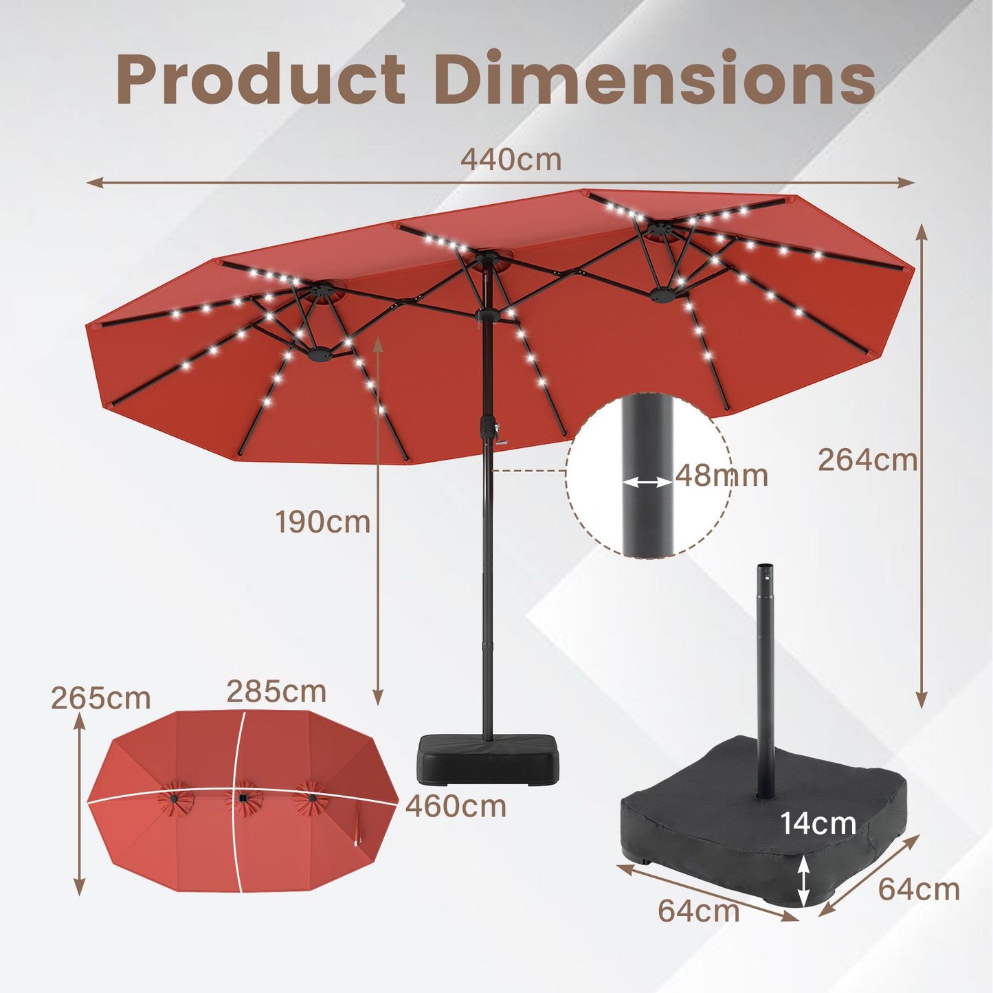 Coast 460 x 285 cm – Parasol de jardin double orange avec 48 LED à énergie solaire – Parasol extra-large avec panneau solaire à recharge automatique