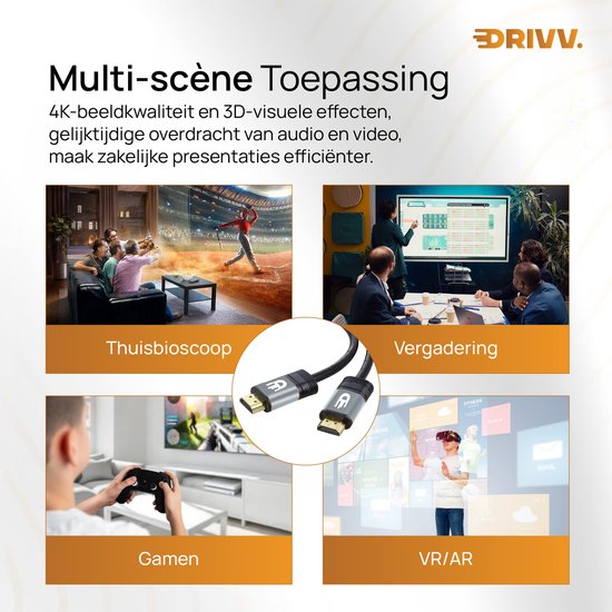 Câble HDMI Drivv. Premium 2.0 - Ultra HD 4K 60 Hz - HDMI vers HDMI - Compatible avec les consoles de jeux - 10 mètres - PVC - Gris