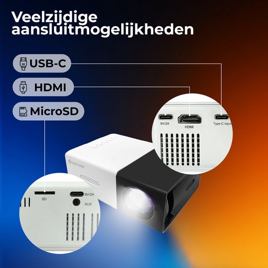 Denver Mini Beamer Full HD - Streaming depuis votre téléphone (USB-C) - Mini projecteur - Télécommande incluse - HDMI/AUX/USB-C - PR800