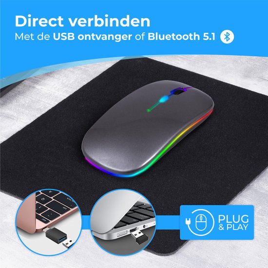 Nuvance - Souris sans fil LED - Bluetooth - Ergonomique - Ordinateurs portables et jeux - Sans fil - Gris