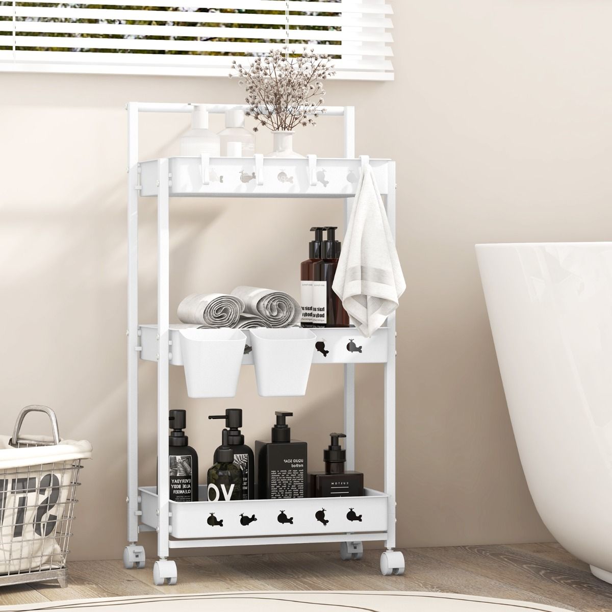 Chariot de rangement Coast - 3 niveaux - avec crochets et bacs - blanc 42 x 29 x 83 cm