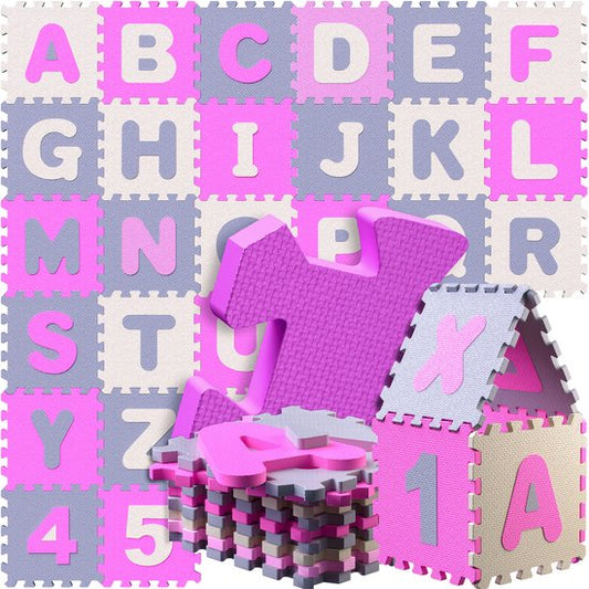 Spielwerk XXL Tapis de puzzle - Mousse 86 pièces Figures Lettres - Rose