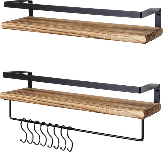LifeGoods Etagère murale flottante - 2 pièces - 41cm - Porte-serviettes et 8 crochets - Bois - Marron/Noir