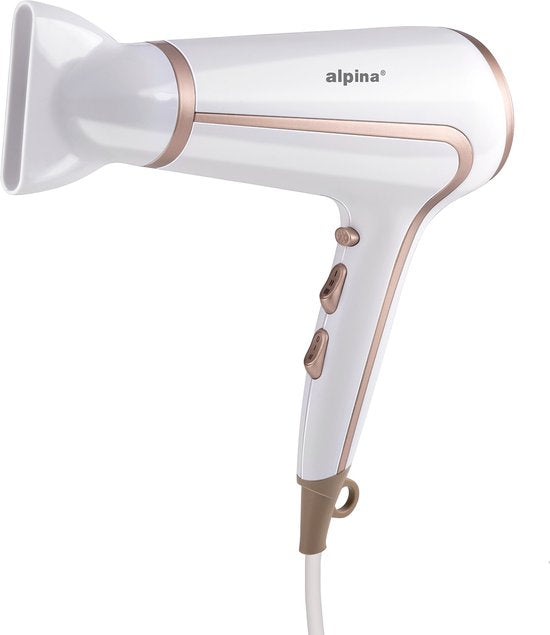 alpina Föhn 1600-2000 W - Sèche-cheveux avec 3 réglages de chaleur - Sèche-cheveux avec fonction « Cool Shot » - Sèche-cheveux avec embout supplémentaire et anneau de suspension - Blanc/Rosé