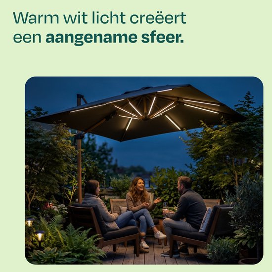 Éclairage LED pour parasol VONROC - 15 bandes lumineuses - blanc chaud - pour les parasols suspendus VONROC Bardolino et Pisogne ou les parasols à baleines à partir de 69 cm - batterie rechargeable de 2 600 mAh – (parasol non inclus)