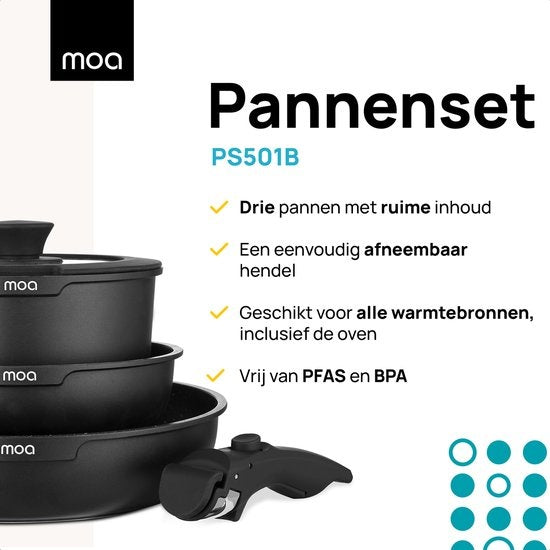MOA Set de poêles - 5 pièces - Toutes sources de chaleur - Sans PFAS - Revêtement antiadhésif - Set de poêles à induction - Aluminium - Poignée amovible - Noir - PS501B