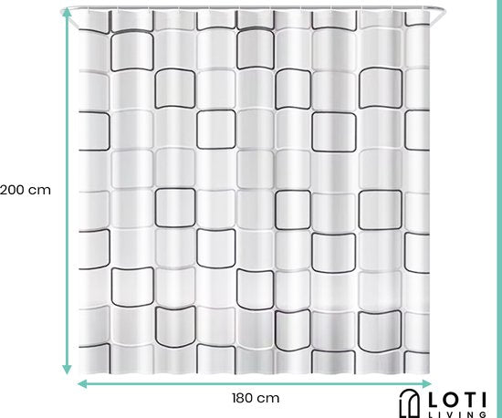 Loti Living Rideau de douche anti-moisissure - Design cubique - Anneaux inclus - Imperméable - Polyester - Rideau de douche 180x200 cm