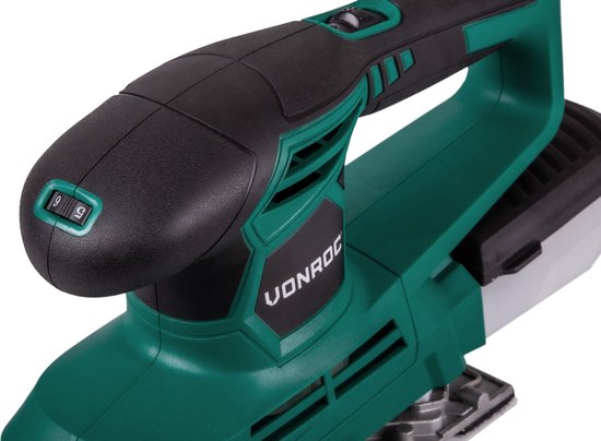 Ponceuse orbitale VONROC 240W - 90x187mm - Avec bac de récupération des poussières et 12 morceaux de papier de verre