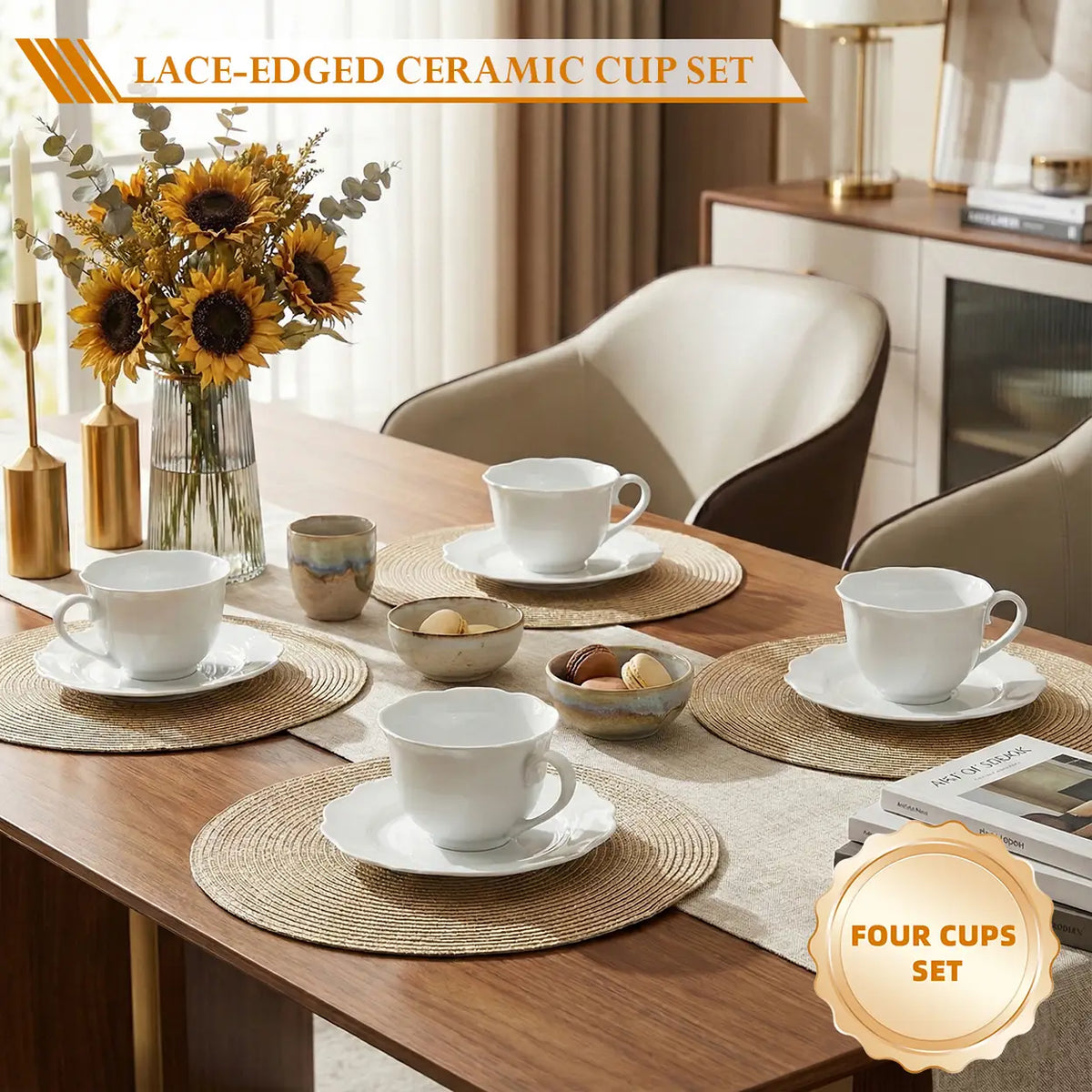 Service en céramique blanc élégant, 8 pièces - 4 tasses avec soucoupes - Design rond - Pour un usage quotidien