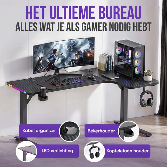 Bureau gaming Avalo - 160 x 100 x 75 cm - Bureau d'angle en L - Bureau gaming avec éclairage LED - Table - Noir - Angle à droite