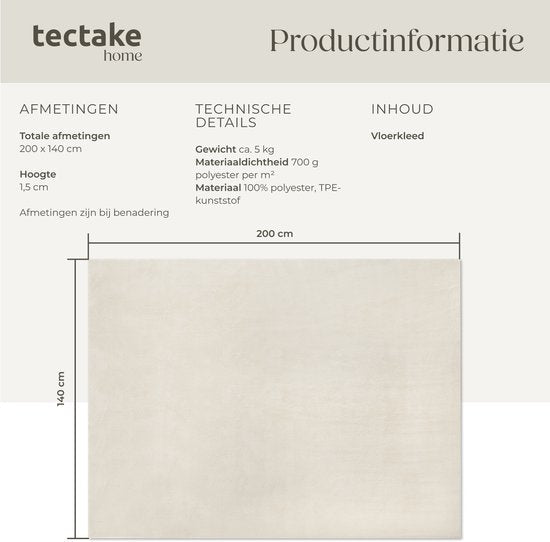 tectake® Tapis à poils courts - 140 x 200 cm - Crème - Tapis pour le salon, la chambre à coucher, la salle à manger - Facile d'entretien et lavable - Sous-couche antidérapante - Antiallergique - Diverses tailles et couleurs