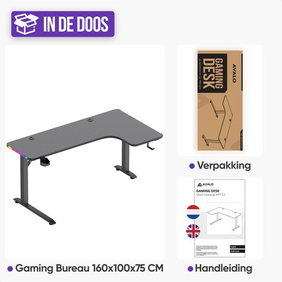 Bureau gaming Avalo - 160 x 100 x 75 cm - Bureau d'angle en L - Bureau gaming avec éclairage LED - Table - Noir - Angle à droite