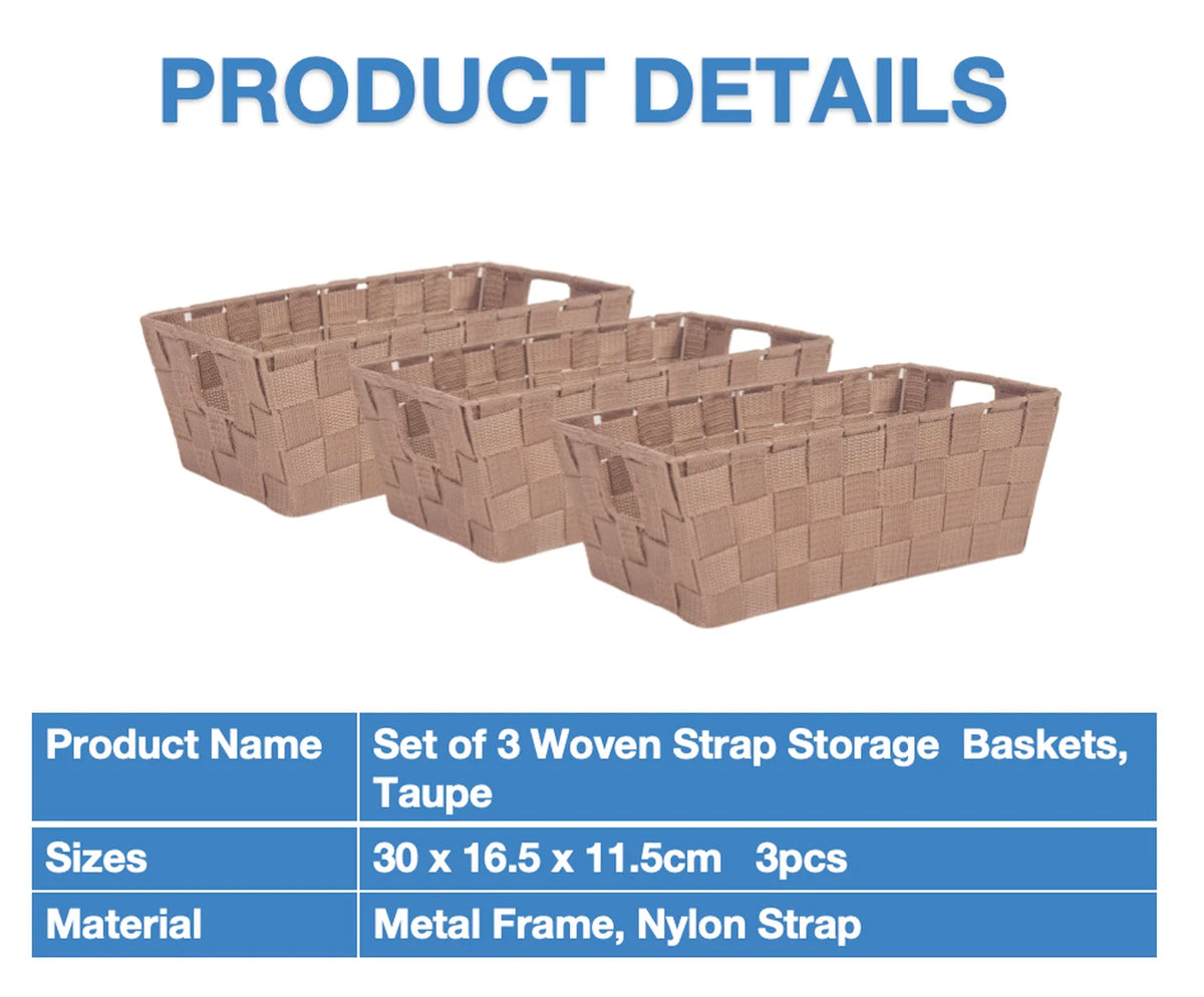 Kevahome Lot de 3 paniers de rangement avec sangle de transport - Polypropylène tissé à la main - Taupe - 12 x 6,5 x 4,5 pouces
