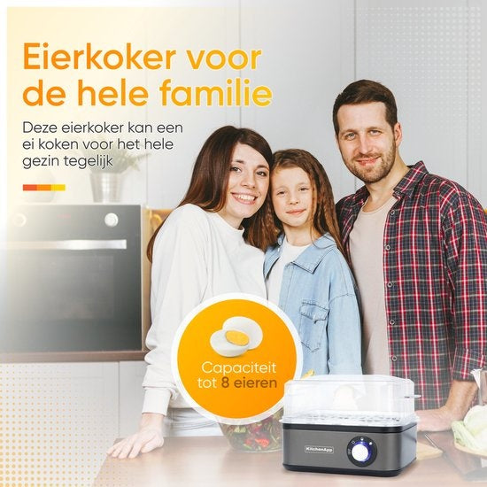 KitchenApp Chaudron à oeufs électrique - Convient pour 8 oeufs - Avec minuterie - Inclut un gobelet gradué - Gris argenté