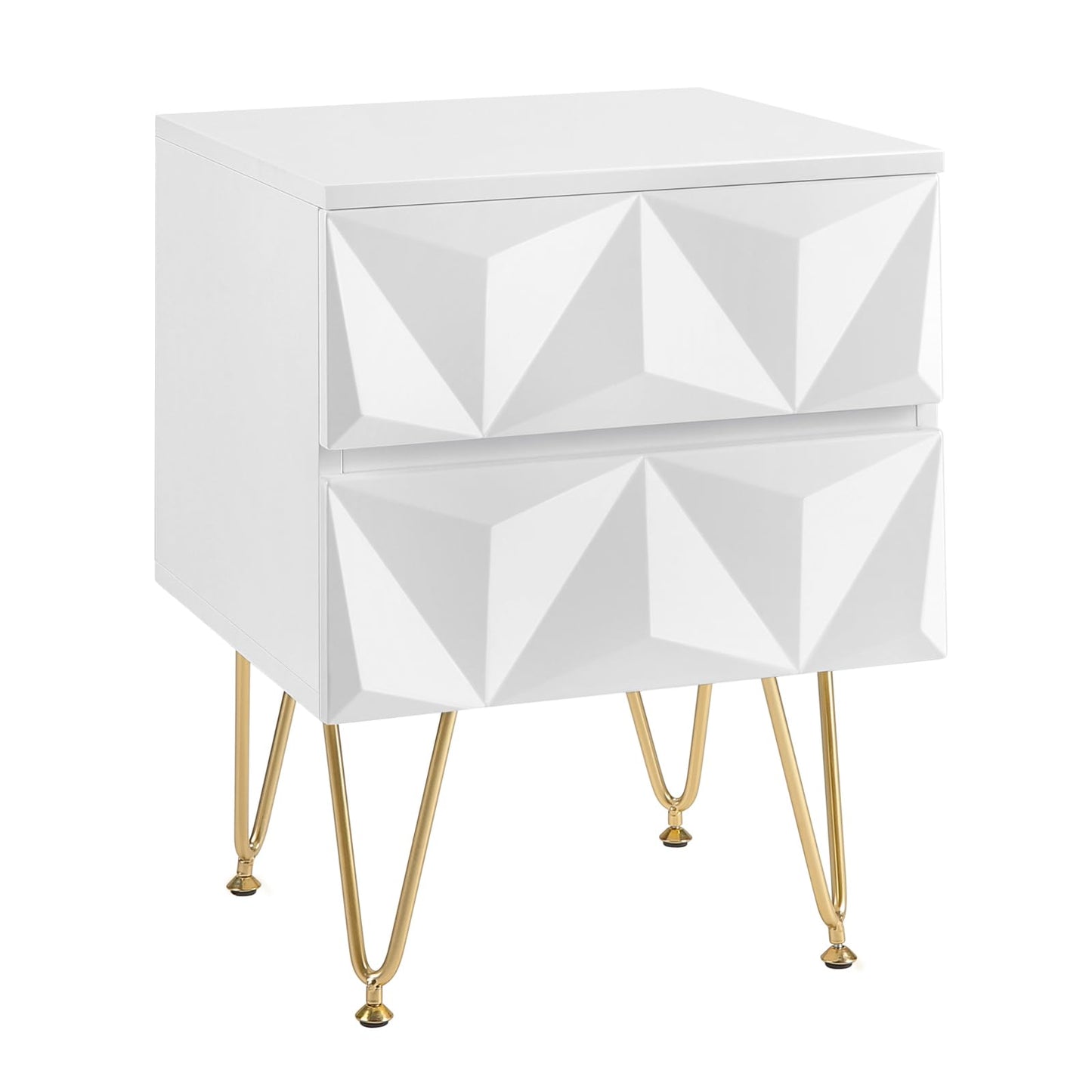 Table de chevet EUGAD à 2 tiroirs - façade 3D - blanc et or - MDF et pieds en métal - 40 x 53 x 40 cm