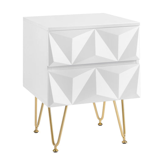 Table de chevet EUGAD à 2 tiroirs - façade 3D - blanc et or - MDF et pieds en métal - 40 x 53 x 40 cm