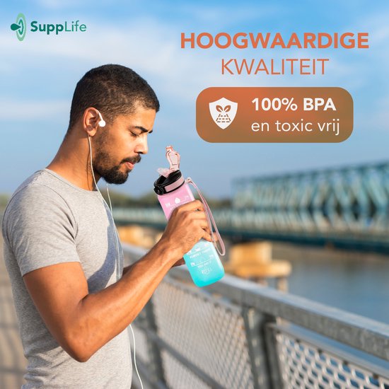 Gourde Supplife - 1 litre - avec paille - Motivation - Gourde de sport - Sans BPA - Rose Aqua