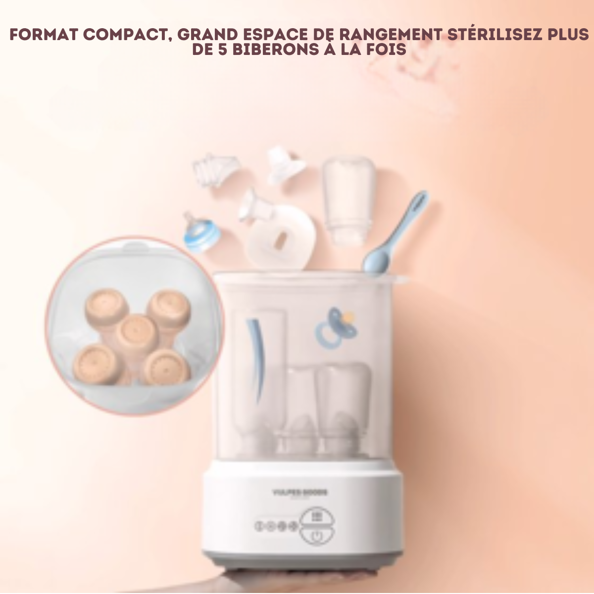 Vulpes Goods® BabyCare - Stérilisateur de biberons électrique 5 en 1 - Stérilisateur à vapeur avec fonction sèche - Stérilisateur de biberons PRO - Kit de nettoyage inclus