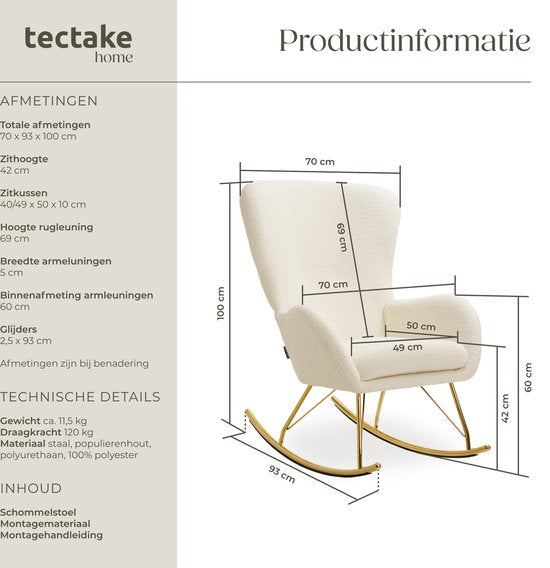 tectake® Swing Rocking Chair - Fauteuil Bouclé tapissé avec patins en acier et coussin d'assise extra épais - Design scandinave, facile d'entretien et ergonomique - crème/doré