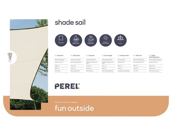 Toile d'ombrage Perel, déperlante, 5 x 5 m, 160 g/m², polyester, carrée, crème
