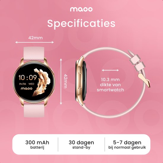 Maoo Ventura AMOLED Smartwatch Ladies - Acier inoxydable et bracelet en silicone 3x - Podomètre - Moniteur de fréquence cardiaque - Moniteur de sommeil - Multisport - Convient à Android et iOS - Rose Gold et Pink