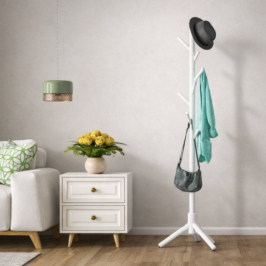 Bayt Porte-manteau - Porte-manteau sur pied - Porte-manteau bois - Porte-manteau sur pied - Porte-manteau - 8 crochets - 175 cm - Blanc