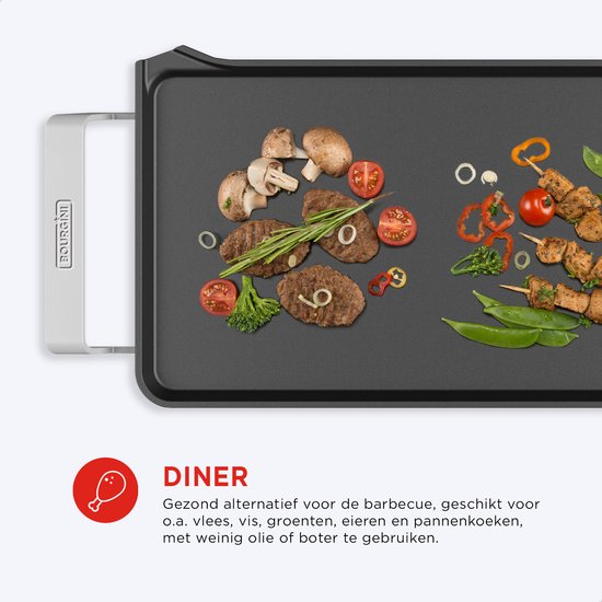 Bourgini Multiplate Pure - Sans PFAS - Appareil à griller - 46 x 26 cm - Thermostat réglable - Gril électrique 2500 W - Revêtement antiadhésif - Noir
