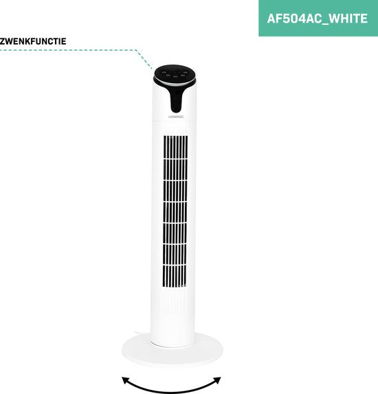 VONROC Luxury Fan - Ventilateur de tour - hauteur 86 cm - télécommande incluse - 3 vitesses - fonction swing - minuterie de 15 heures - blanc