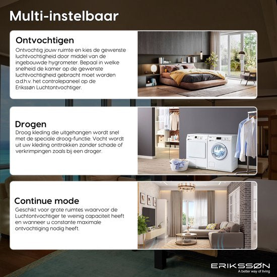 Déshumidificateur - Erikssøn - Déshumidifie jusqu'à 16 litres par jour - Fonction Séchage - Noir