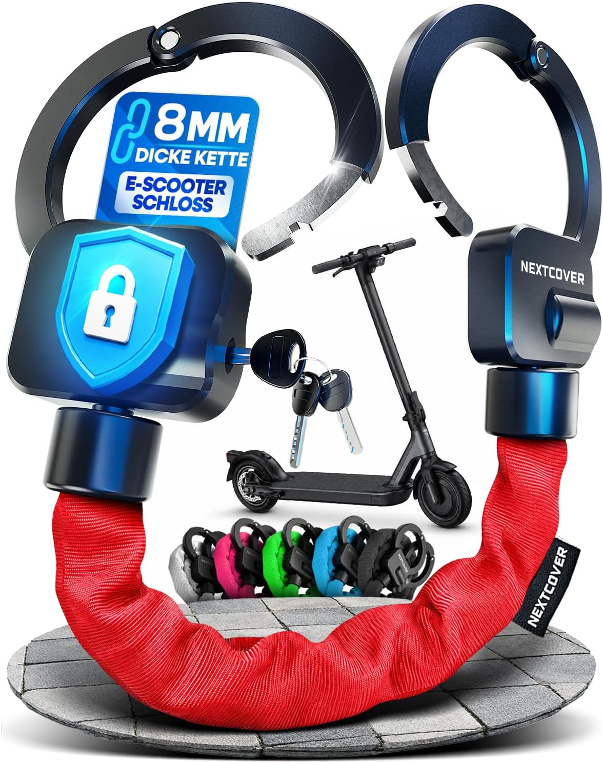 Nextcover Steel-Secure : antivol à chaîne pour trottinette électrique - Rouge - 25 x 13 x 13 cm - Antivol à clé pour vélo électrique et trottinette