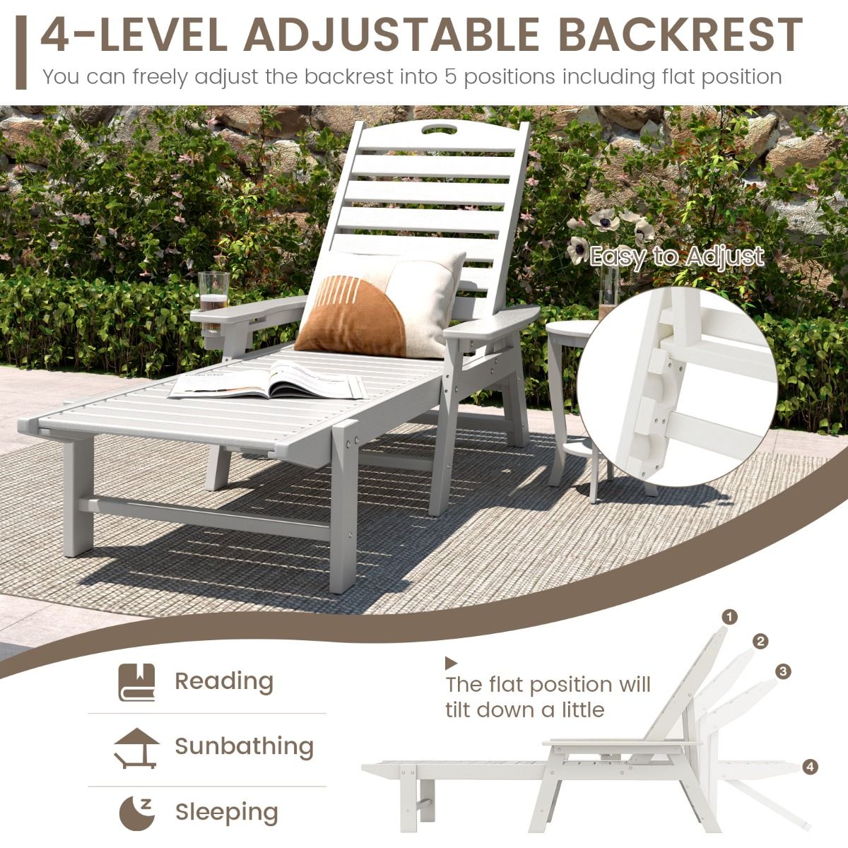 Chaise longue de jardin Coast - Dossier réglable sur 4 positions - Porte-gobelet pivotant - Blanc