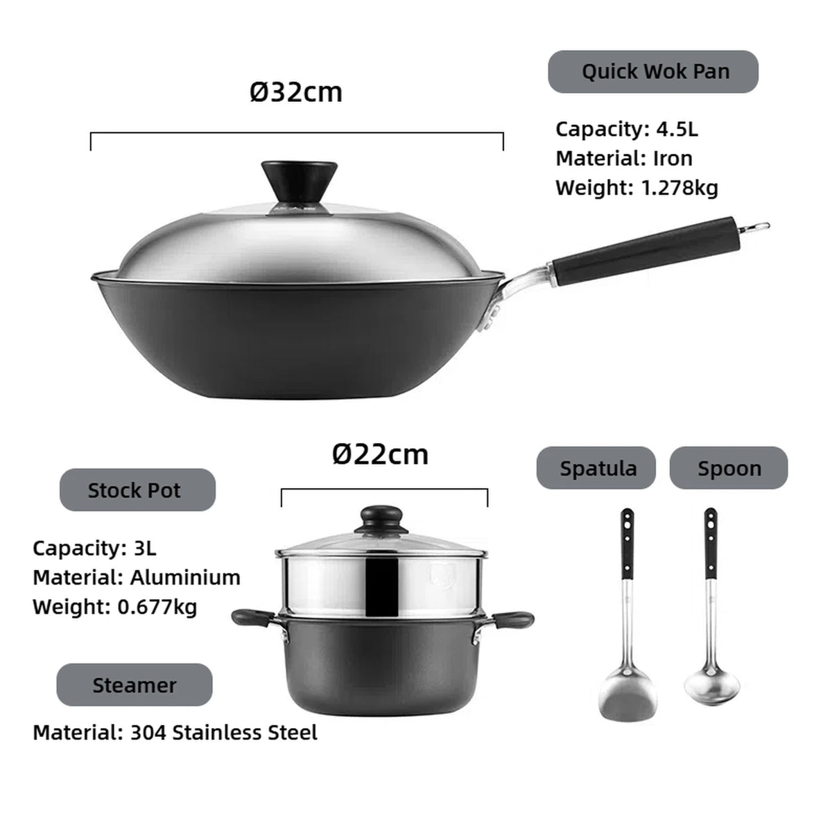 Batterie de cuisine Cooker King 5 pièces - Wok en fonte 4,5 L - Casserole en aluminium 3 L - Panier vapeur en acier inoxydable - 2 spatules