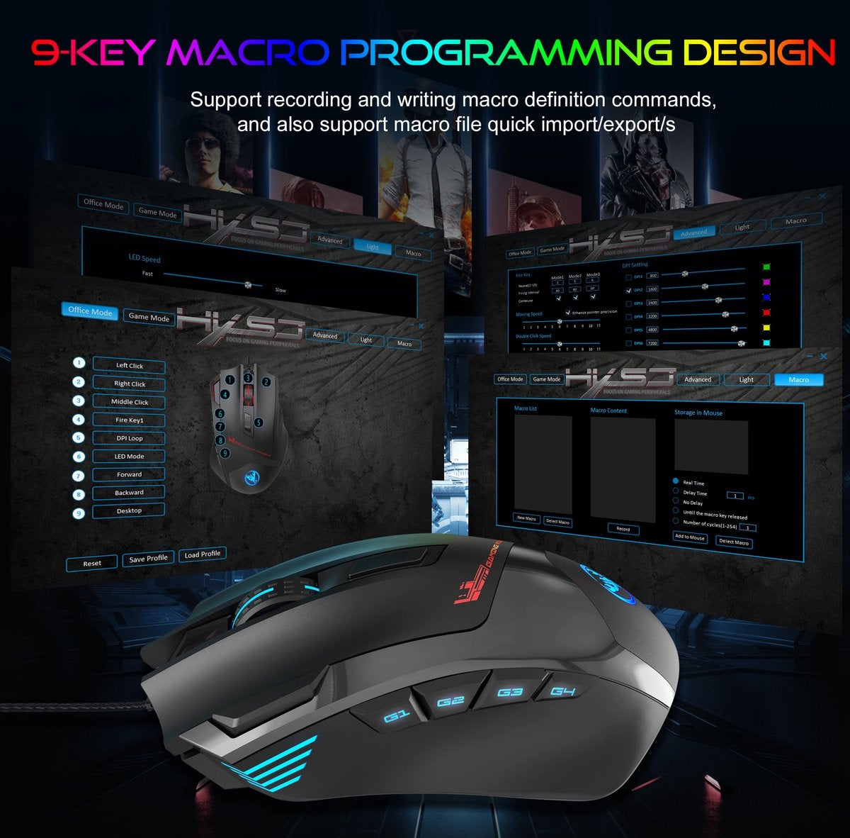 HXSJ S600 Pro Optical Gaming Mouse - Programmable - Lumière RGB - Ergonomique - 7200DPI - Noir