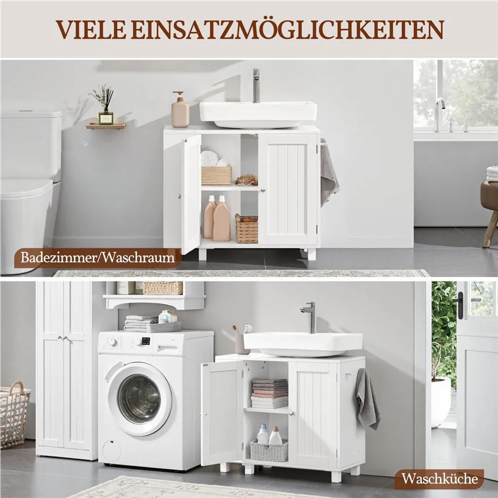 Meuble sous-lavabo Yaheetech 75 x 30 x 62 cm – Blanc – Avec 4 compartiments, des étagères ouvertes et un porte-serviettes