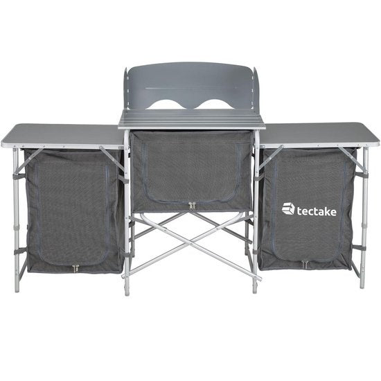Cuisine de camping, Tectake®, 172x52x104cm, Pliable, Compartiments verrouillables & Plans de travail, Pare-vent inclus, Gris