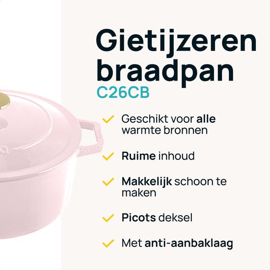 MOA Casserole en fonte - 5,7L - Pour toutes les sources de chaleur y compris l'induction - Avec couvercle - Ø 26cm - Revêtement antiadhésif - Lilas