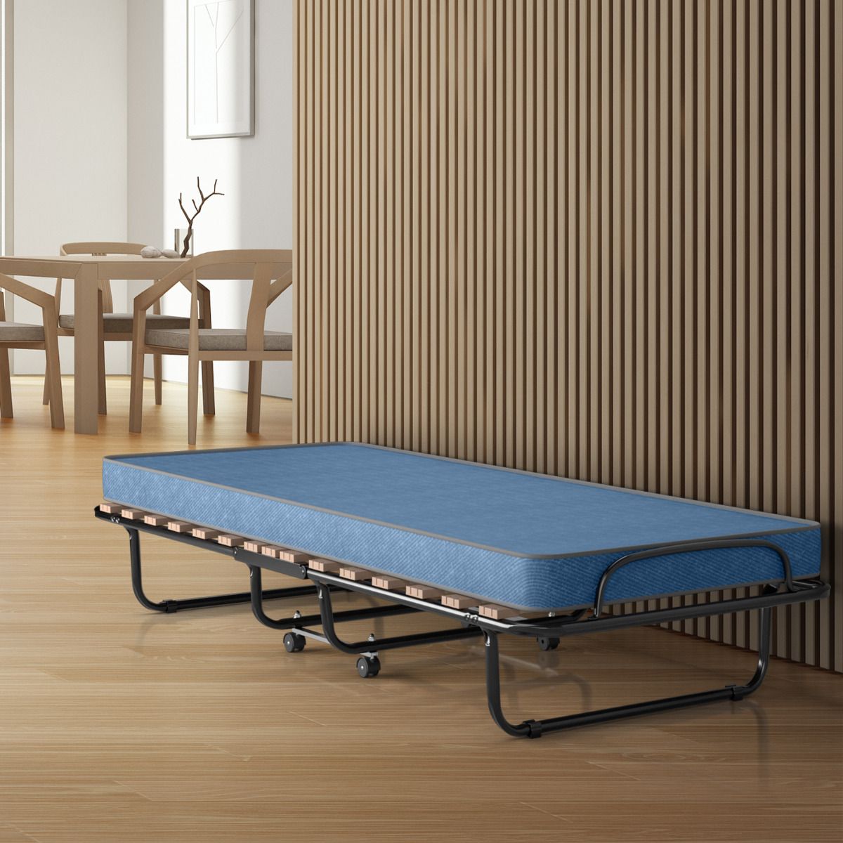 Lit d'appoint avec matelas, Coast, Pliable, Mousse à mémoire de forme, Cadre métallique avec roues, 190 x 80 x 33 cm, noir/bleu