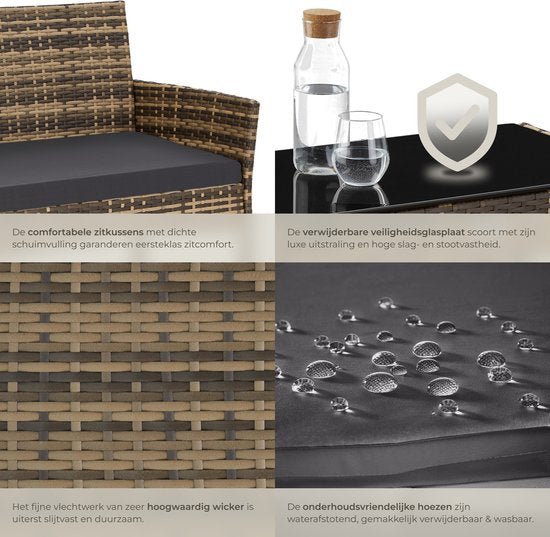 tectake® - Ensemble de jardin en osier Palese - Groupe de sièges pour 4 personnes - Ensemble de meubles de jardin avec banc de salon, table de jardin et 2 chaises de jardin, y compris les coussins d'assise - Meubles de jardin - Résistant à l'eau - Gris