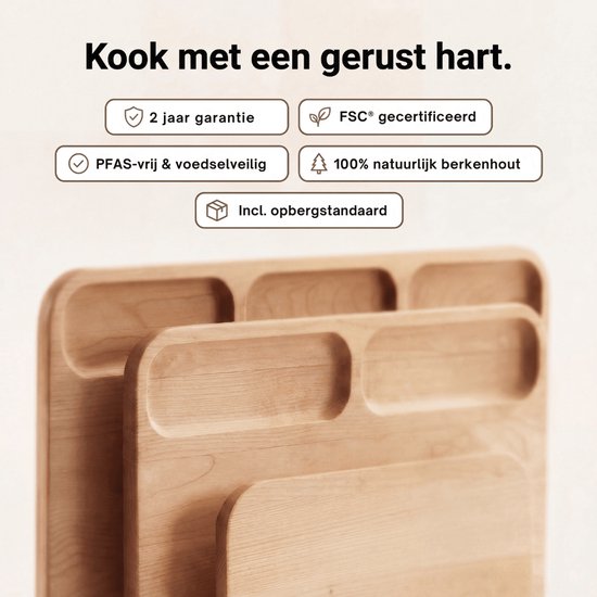 Safecourt Kitchen 3 piece wooden cutting board set [100% free of microplastics] - including storage stand - FSC certified birch wood