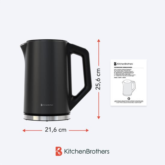 KitchenBrothers Bouilloire - Électrique - 1,5L - 2200W - Contrôle de température réglable - Double paroi - Bouilloire en acier inoxydable - Noir