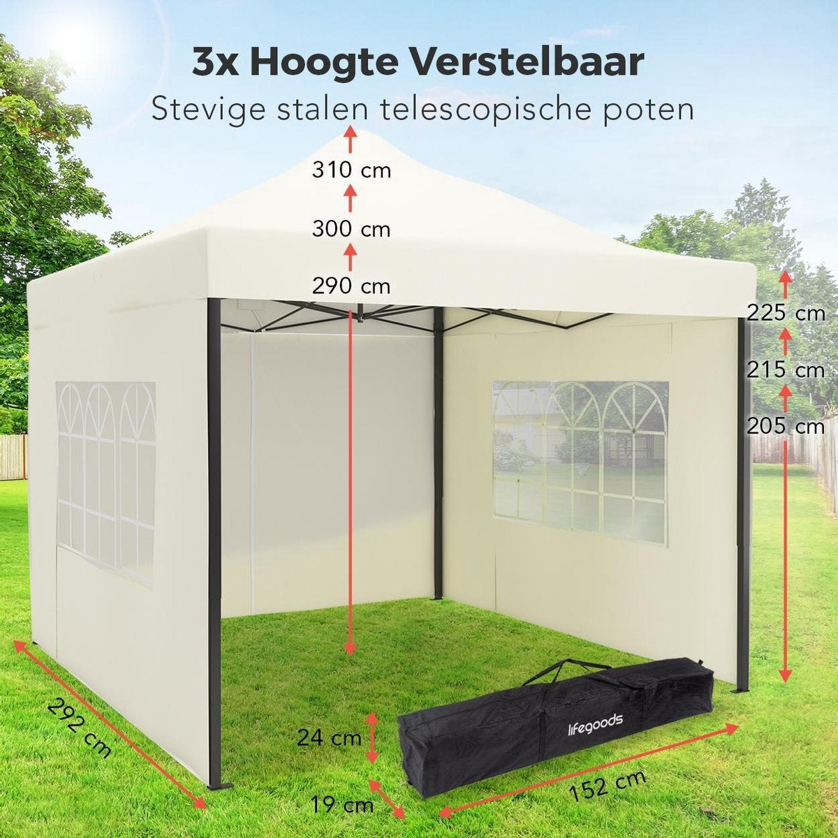 LifeGoods Tente de réception - Pavillon - 3x3 m - parois latérales - étanche - beige