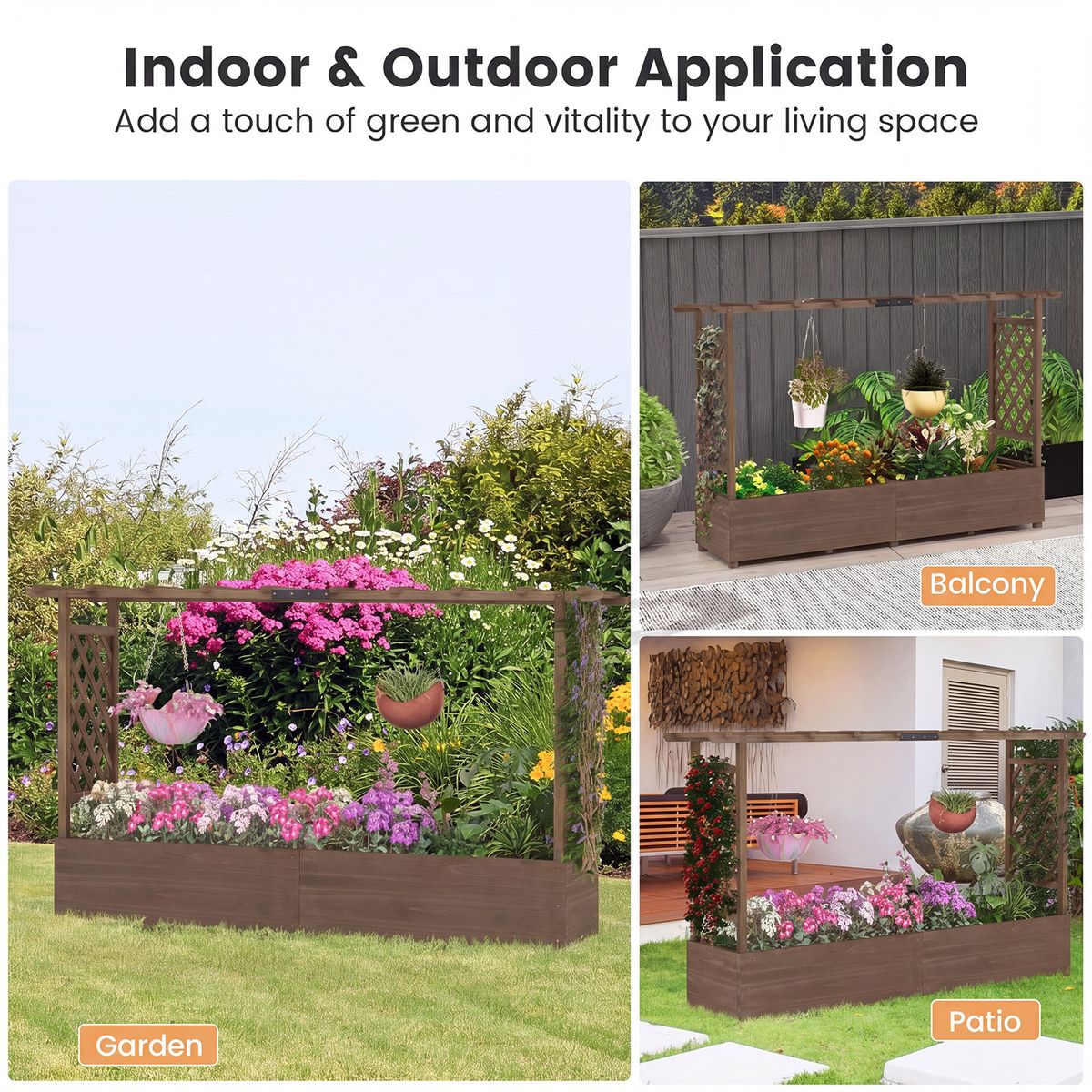 Jardinière Coast avec treillis - toit suspendu - bois de pin massif - marron - 200 x 44 x 114 cm