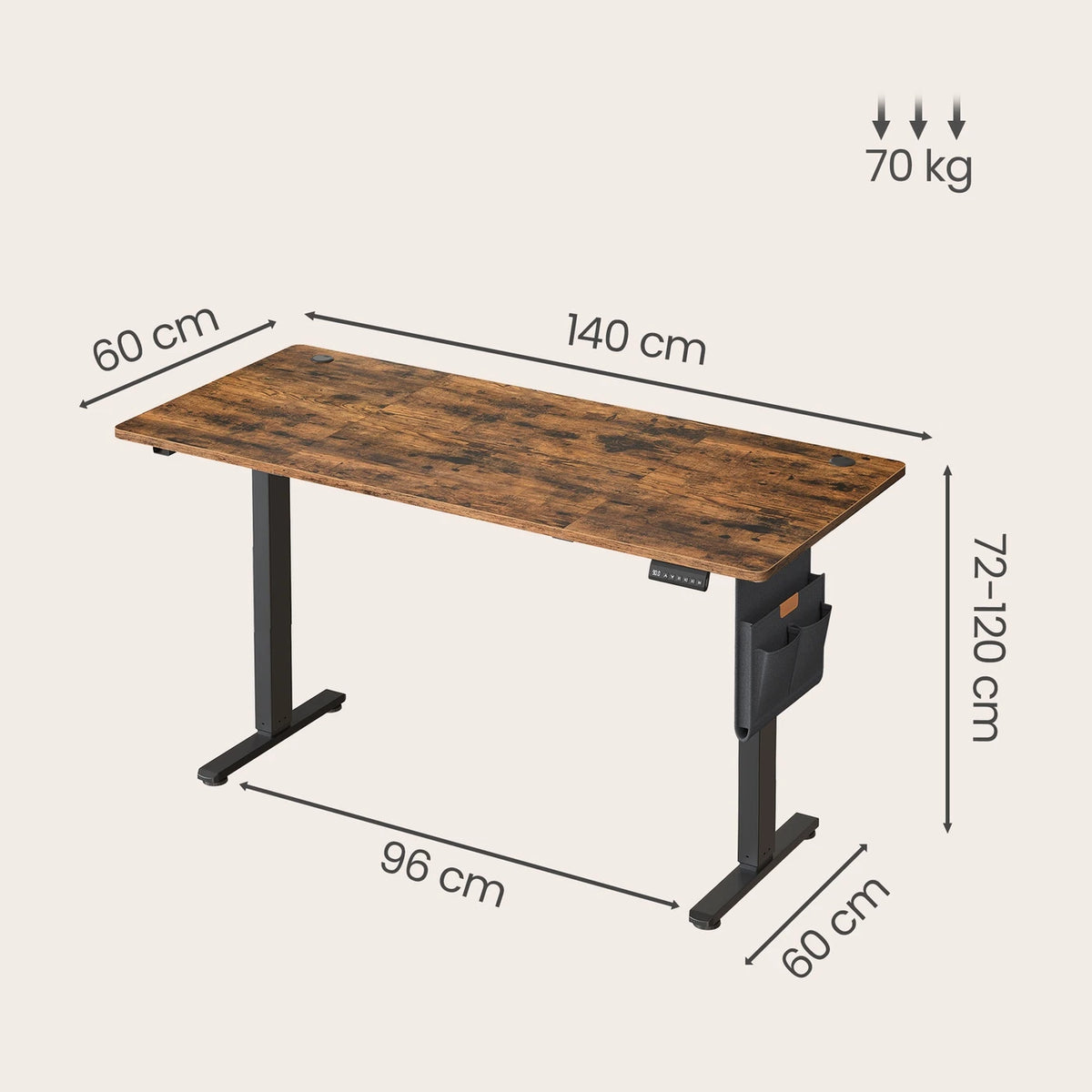 Bureau assis-debout électrique Joyfurnos 140 x 60 cm - Réglable en hauteur avec fonction mémoire - USB-C - Marron
