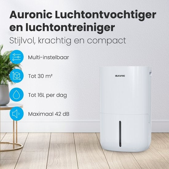 Auronic - Déshumidificateur - Capacité 16 l - Humidimètre numérique - Avec mode nuit et minuterie - Réservoir d'eau 2 l - Plastique - Blanc