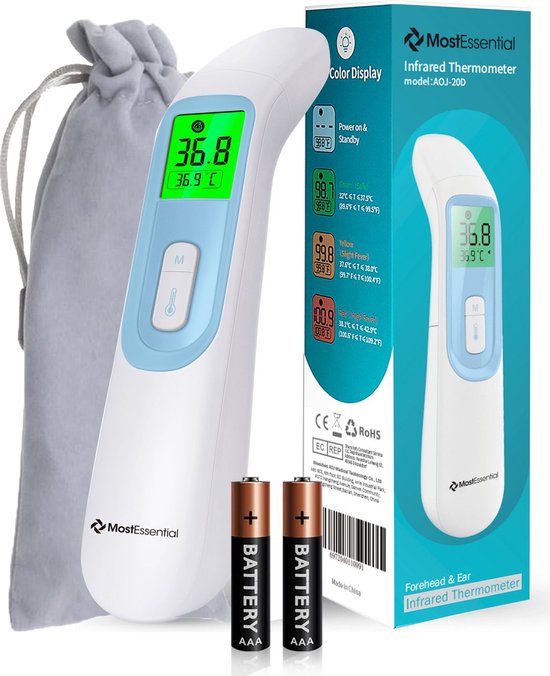 MostEssential Premium Thermomètre de fièvre - Thermomètre auriculaire - Thermomètre infrarouge - Thermomètre frontal - Thermomètre corporel - Thermomètre de fièvre pour adultes, enfants et bébés - Sans contact - 20D