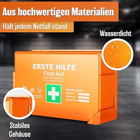 HELDENWERK Boîte de premiers secours version 2026 [DIN 13157:2021] avec support mural & 5 x autocollants | trousse de premiers secours pour le bureau, le ménage et la restauration - boîte de premiers secours d'entreprise remplie, armoire sanitaire