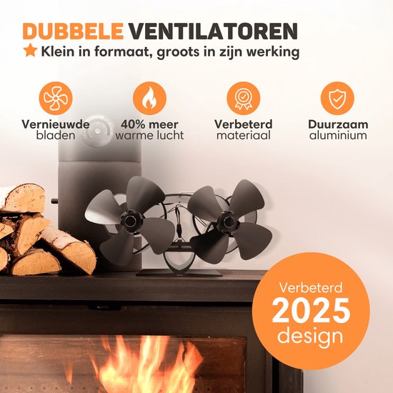 Vulpes Goods® Tech - Ventilateur de poêle à bois - Ventilateur de cheminée - Ecofan - Ventilateur de chaleur - 8 pales et 2 ventilateurs - Thermomètre et gant inclus - version PRO