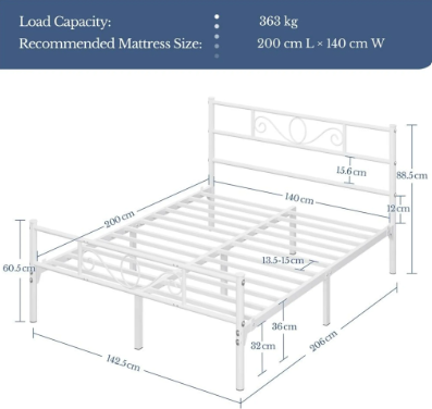 Cadre de lit en métal Yaheetech - Blanc - 206 x 142,5 x 88,5 cm - Matelas 140 x 200 cm - Avec sommier à lattes